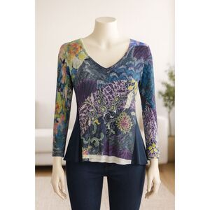 Desigual Blouse Women M Multicolor Long Sleeve V-Neck Abstract Boho Artsy TopY2K